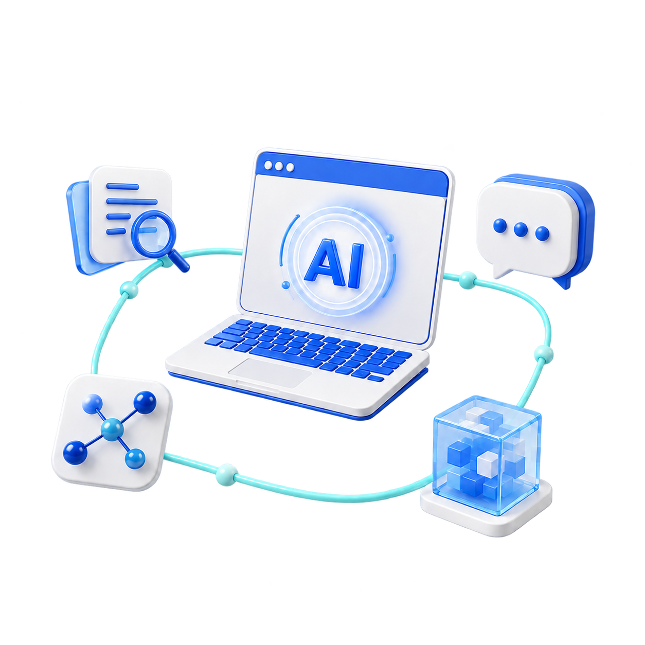 화면 중앙에 AI 문자가 표시된 노트북과 문서 검색, 챗봇, 데이터 도구가 연결된 3D AI 에이전트 서비스